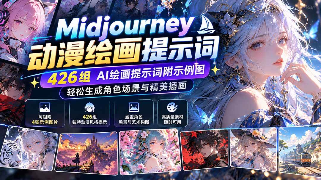 （21239期）Midjourney动漫绘画提示词：426组AI绘画提示词附示例图，轻松生成角色场景与精美插画-多课资源站