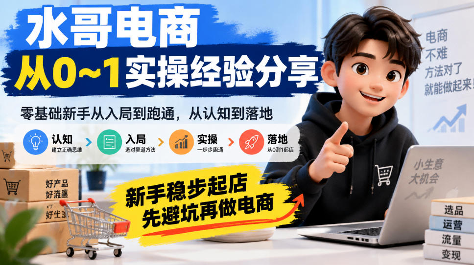水哥电商从0~1实操经验分享，零基础新手从入局到跑通，从认知到落地，新手稳步起店，先避坑再做电商-怪兽网创俱乐部