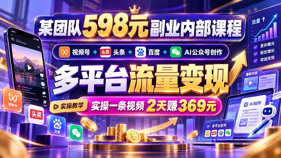 （21238期）某团队598元副业内部课程：视频号+头条+百度+AI公众号创作、多平台流量变现，实操一条视频2天赚369元-多课资源站