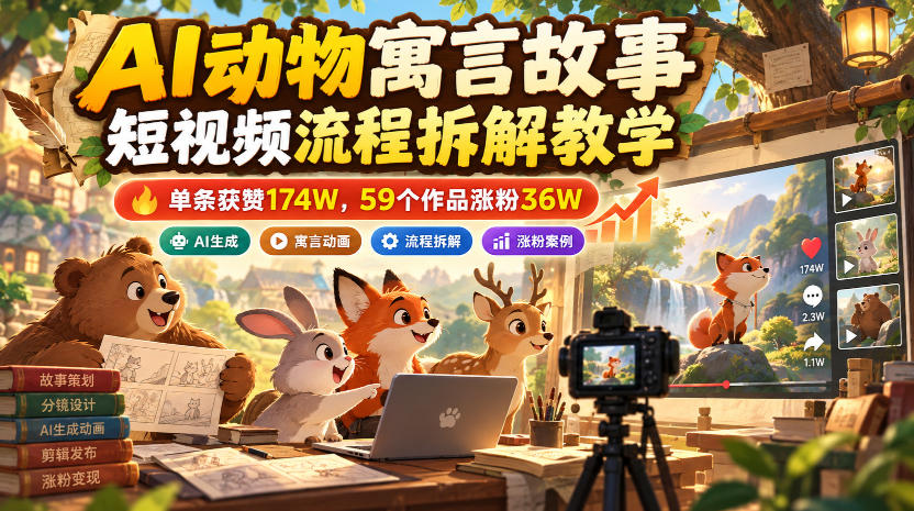 AI动物寓言故事短视频流程拆解教学，单条获赞174W，59个作品涨粉36W-怪兽网创俱乐部
