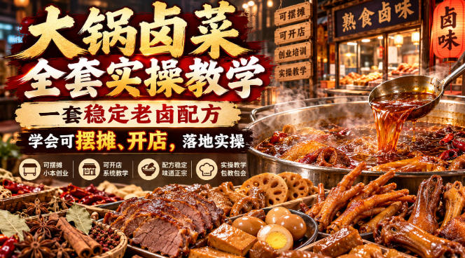 大锅卤菜全套实操教学，一套稳定老卤配方，学会可摆摊、开店，落地实操-怪兽网创俱乐部