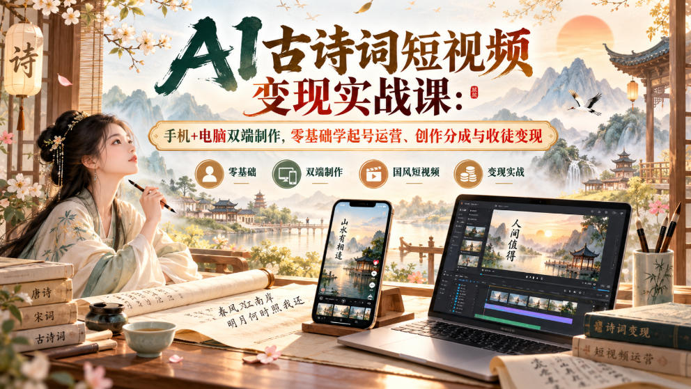AI古诗词短视频变现实战课:手机+电脑双端制作,零基础学起号运营、创作分成与收徒变现-多课资源站
