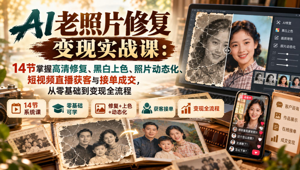 AI老照片修复变现实战课:14节掌握高清修复、黑白上色、照片动态化、短视频直播获客与接单成交,从零基础到变现全流程-多课资源站