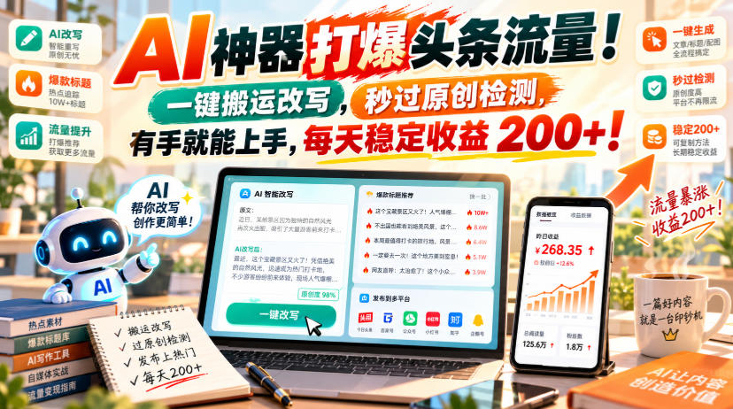 AI神器打爆头条流量，一键搬运改写，秒过原创检测，有手就能上手，每天稳定收益200+！【揭秘】-羽桐社资源站