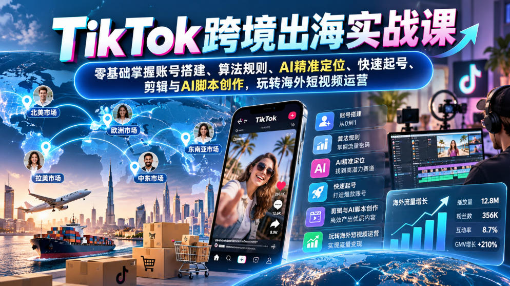 TikTok跨境出海实战课：零基础掌握账号搭建、算法规则、AI精准定位、快速起号、剪辑与AI脚本创作，玩转海外短视频运营（更新1030）-怪兽网创俱乐部