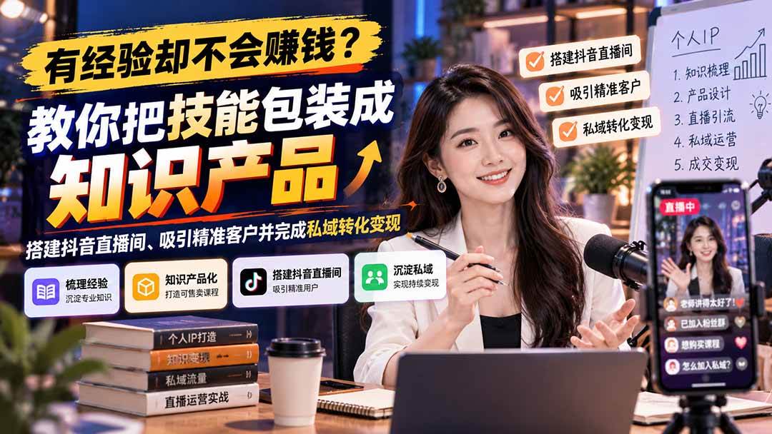 （21268期）有经验却不会赚钱？教你把技能包装成知识产品，搭建抖音直播间、吸引精准客户并完成私域转化变现-羽桐社资源站