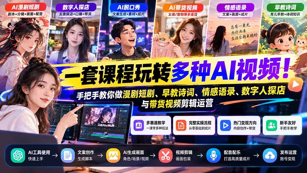（21271期）【无水印】一套课程玩转多种AI视频！手把手教你做漫剧短剧、早教诗词、情感语录、数字人探店与带货视频剪辑运营-羽桐社资源站