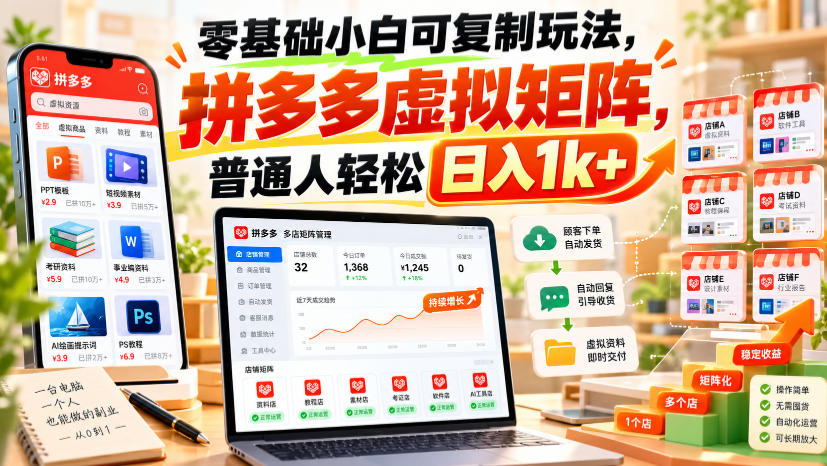 零基础小白可复制玩法，拼多多虚拟矩阵，普通人轻松日入1k+-怪兽网创俱乐部