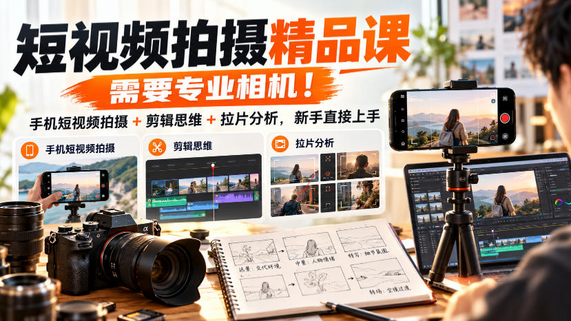 短视频拍摄精品课，需要专业相机！手机短视频拍摄+剪辑思维+拉片分析，新手直接上手-怪兽网创俱乐部