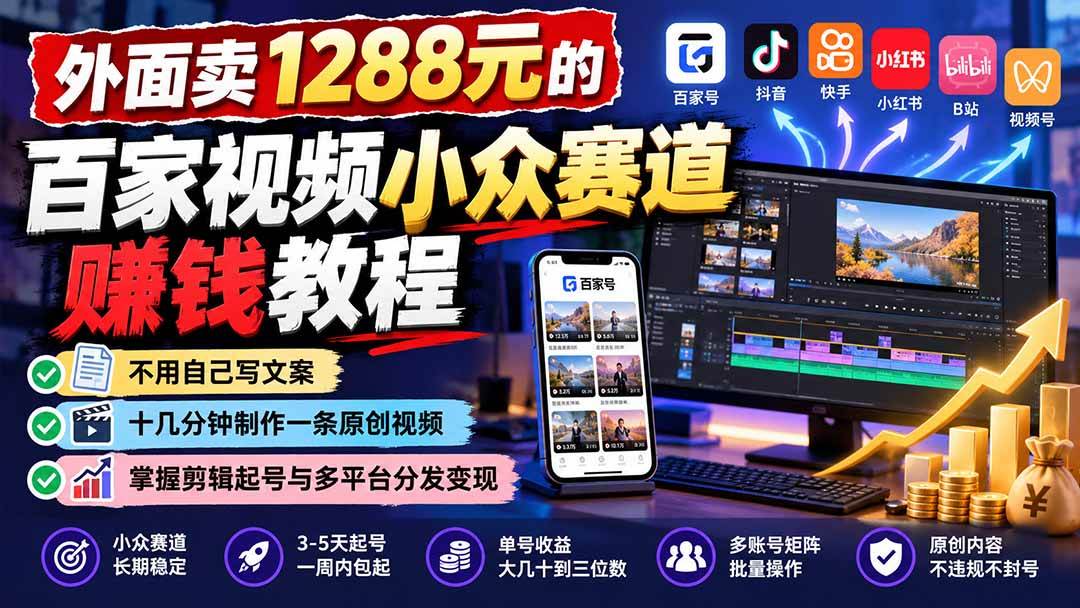（21276期）外面卖1288元的百家视频小众赛道赚钱教程：不用自己写文案，十几分钟制作一条原创视频，掌握剪辑起号与多平台分发-羽桐社资源站