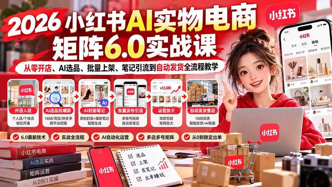 （21274期）2026小红书AI实物电商矩阵6.0实战课：从零开店、AI选品、批量上架、笔记引流到自动发货全流程教学-羽桐社资源站