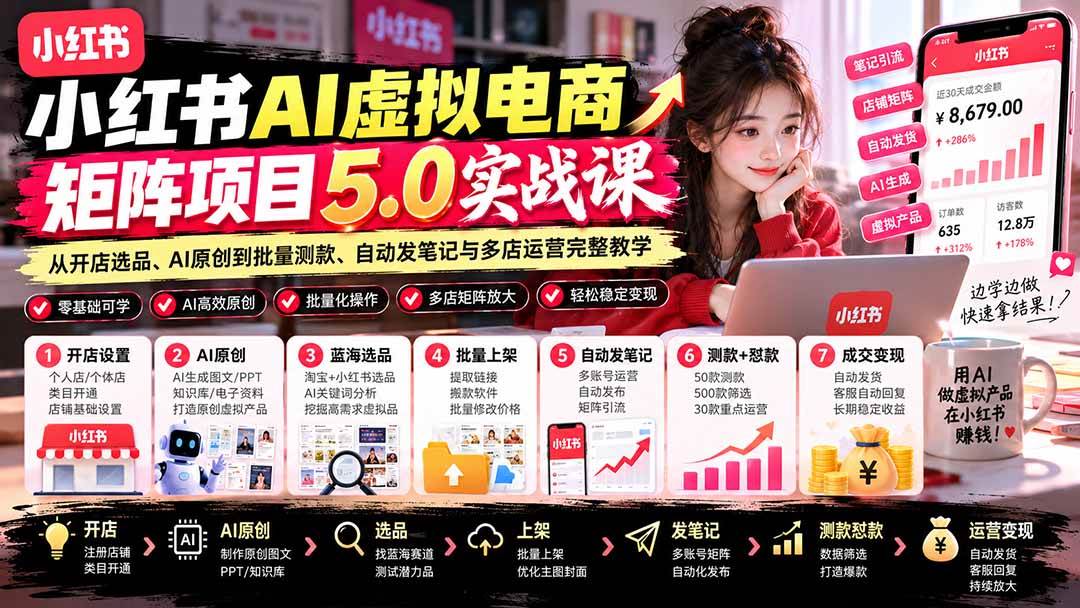 （21273期）小红书AI虚拟电商矩阵5.0实战课：从开店选品、AI原创到批量测款、自动发笔记与多店运营完整教学-羽桐社资源站