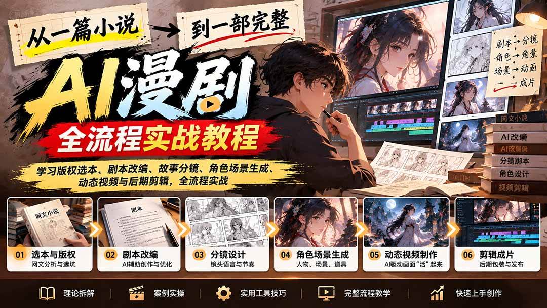 （21262期）从一篇小说到一部完整AI漫剧：学习版权选本、剧本改编、故事分镜、角色场景生成、动态视频与后期剪辑-羽桐社资源站