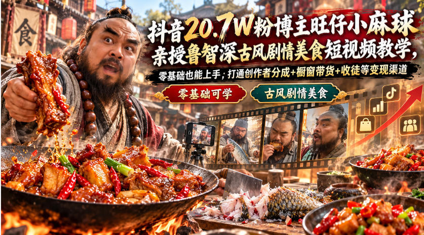 抖音20.7W粉博主旺仔小麻球亲授鲁智深古风剧情美食短视频教学，零基础也能上手，打通创作者分成+橱窗带货+收徒等变现渠道-羽桐社资源站