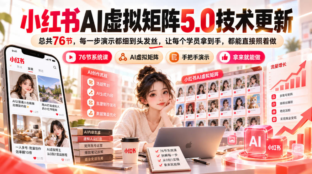 小红书AI虚拟矩阵5.0技术更新，总共76节，每一步演示都细到头发丝，让每个学员拿到手，都能直接照着做-怪兽网创俱乐部