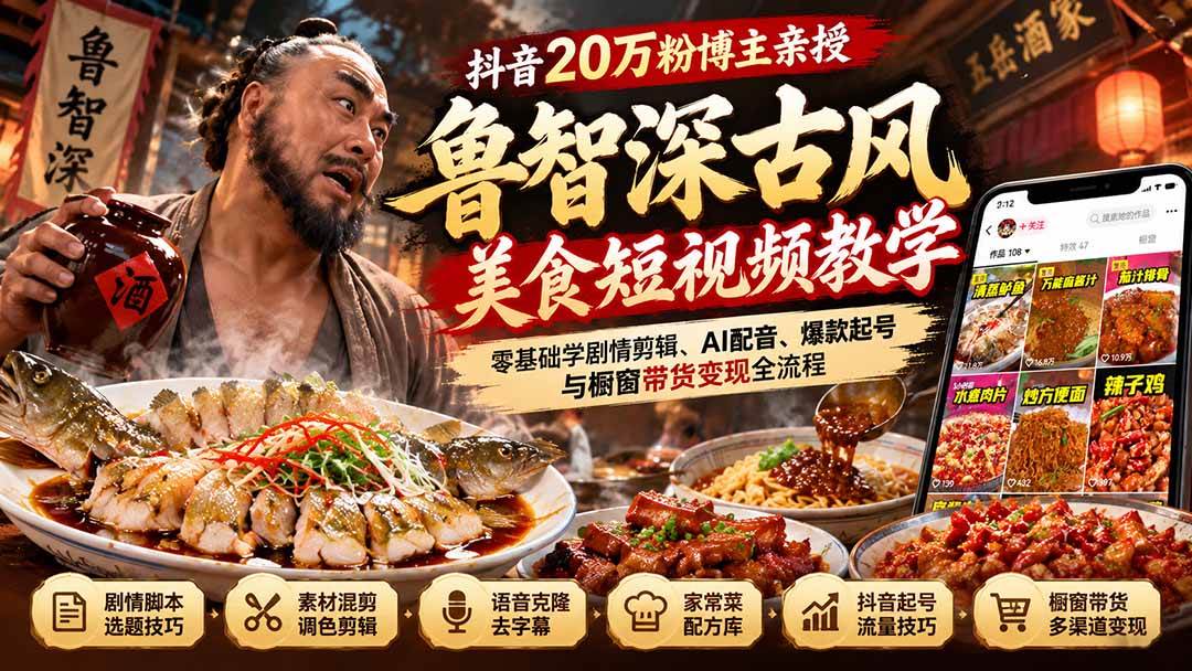 （21285期）抖音20万粉博主亲授鲁智深古风美食玩法：零基础学剧情剪辑、AI配音、爆款起号与橱窗带货变现全流程-羽桐社资源站