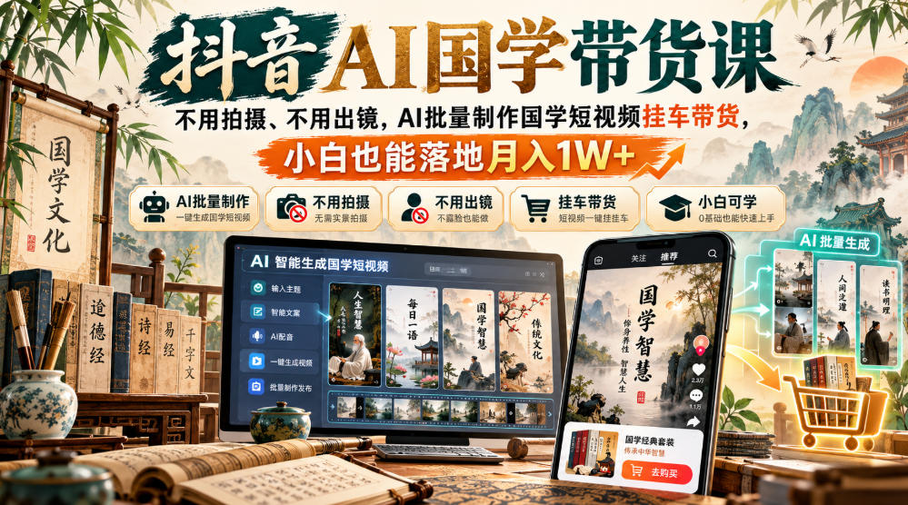 抖音AI国学带货课，不用拍摄、不用出镜，AI批量制作国学短视频挂车带货，小白也能落地月入1W+-羽桐社资源站
