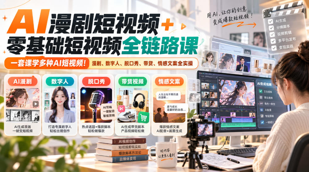 AI漫剧短视频+零基础短视频全链路课，一套课学多种AI短视频！漫剧、数字人、脱口秀、带货、情感文案全实操-怪兽网创俱乐部