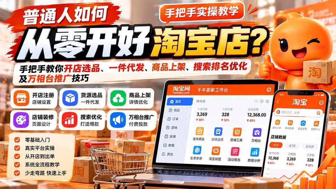 （21265期）普通人如何从零开好淘宝店？手把手教你开店选品、一件代发、商品上架、搜索排名优化及万相台推广技巧-羽桐社资源站