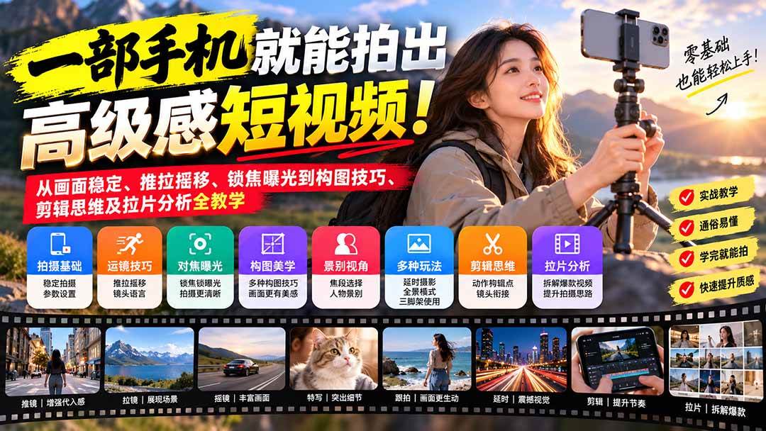 （21272期）一部手机就能拍出高级感短视频！从画面稳定、推拉摇移、锁焦曝光到构图技巧、剪辑思维及拉片分析全教学-羽桐社资源站