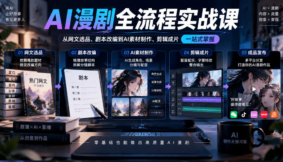 AI漫剧全流程实战课，覆盖从网文选品、剧本改编到AI素材制作、剪辑成片的完整链路-羽桐社资源站