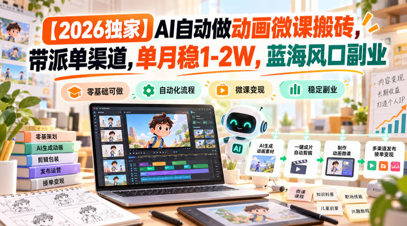 【2026独家】AI自动做动画微课搬砖，带派单渠道，单月稳1-2W，蓝海风口副业【揭秘】-怪兽网创俱乐部