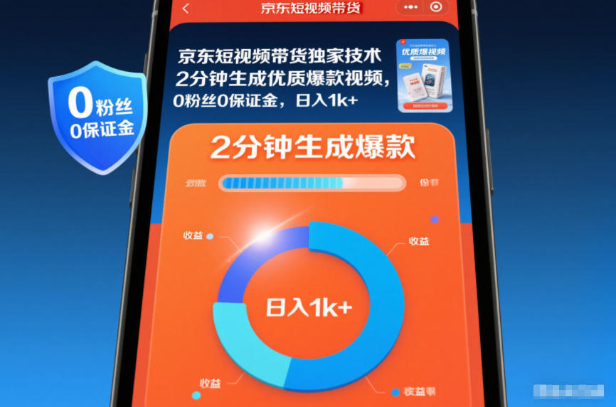 京东短视频带货独家技术，2分钟生成一条优质爆款视频，0粉丝0保证金，日入1k+【揭秘】-90网