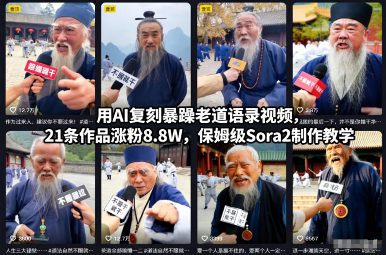 用AI复刻暴躁老道语录视频，21条作品涨粉8.8W，保姆级Sora2制作教学-网亿资源平台