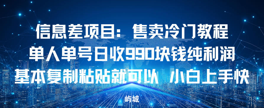 信息差项目：售卖冷门教程，单人单号日收9张纯利润，基本复制粘贴就可以，小白上手快-网亿资源平台