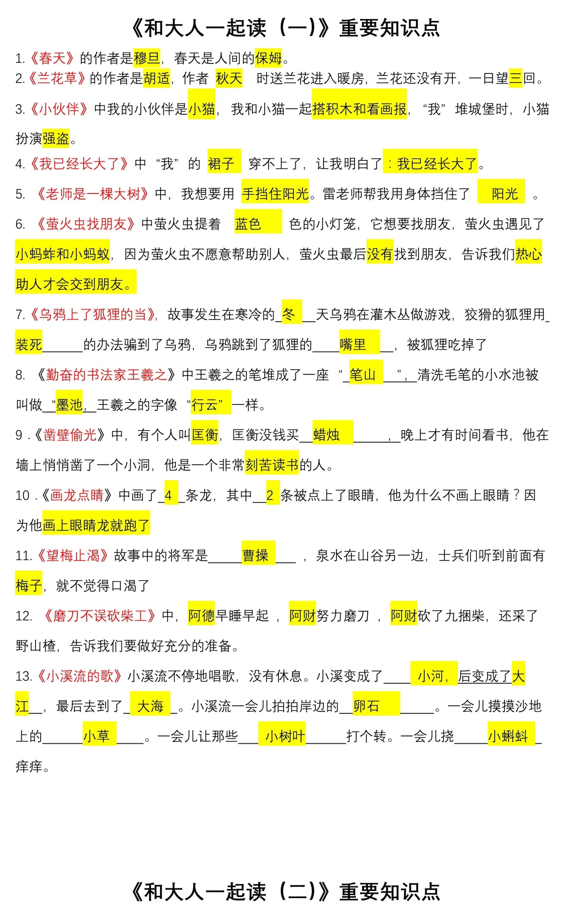 一上语文《快乐读书吧》常考知识点-网亿资源平台
