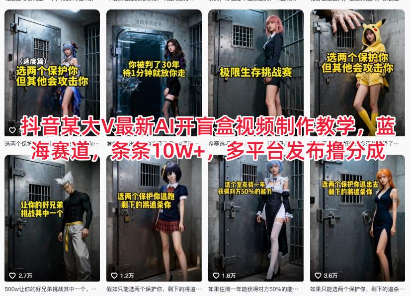 抖音某大V最新AI开盲盒视频制作教学，蓝海赛道，条条10W+，多平台发布撸分成-邪修侠 - 演示