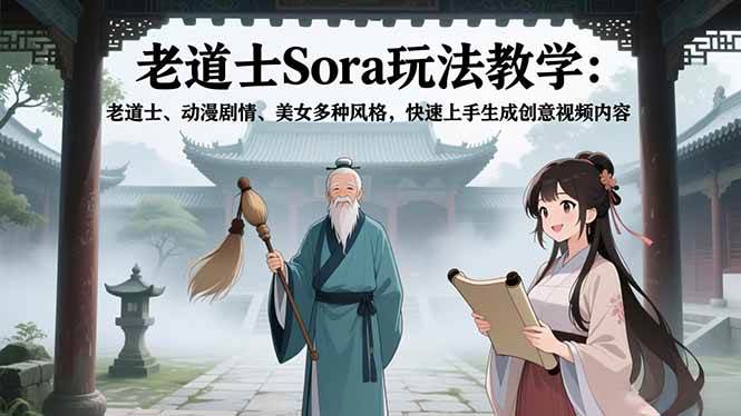 （16862期）老道士Sora玩法教学：老道士、动漫剧情、美女多种风格，快速上手生成创意视频内容-网亿资源平台