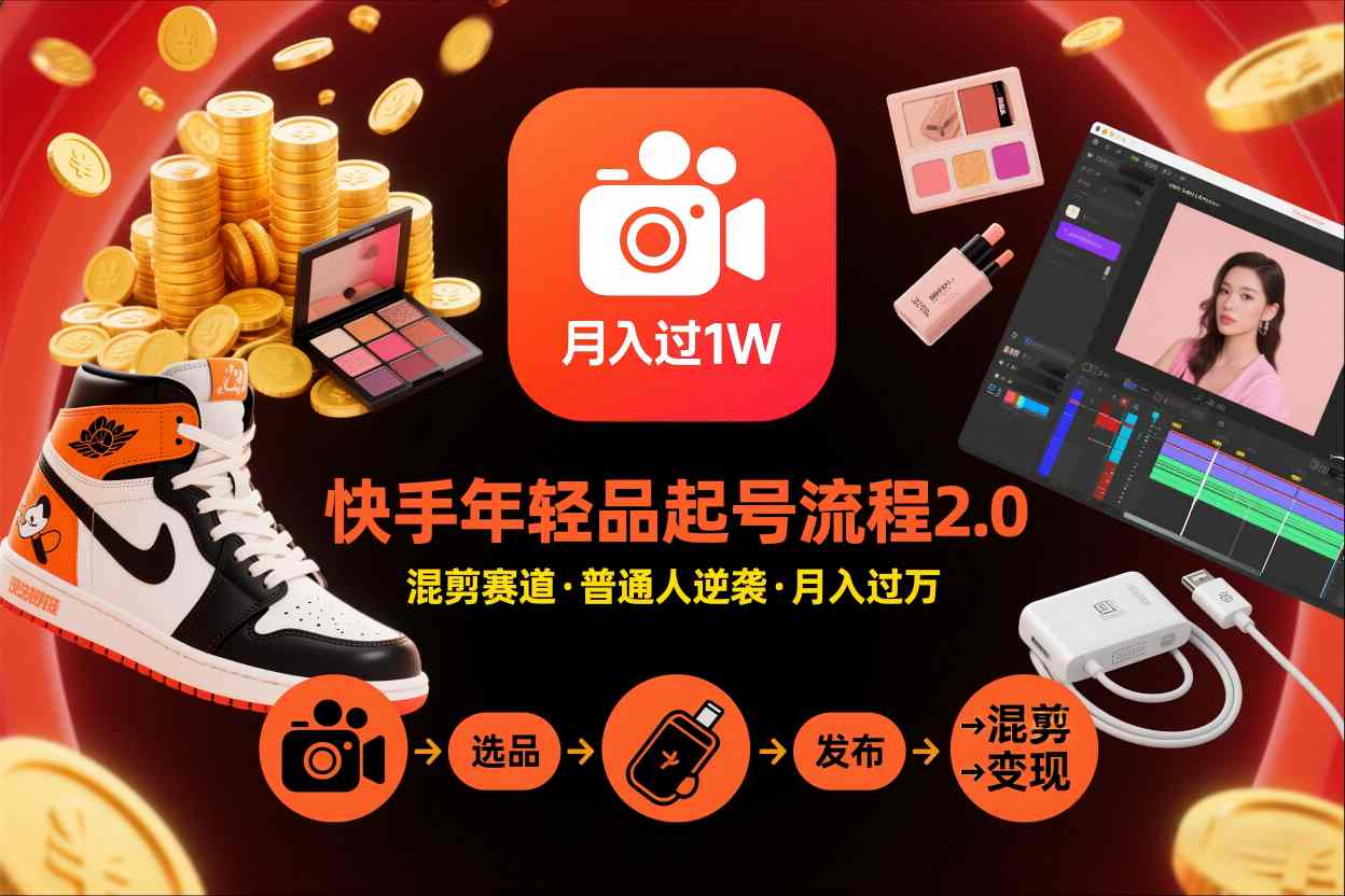 快手短视频带货年轻品起号流程2.0，快手年轻品混剪赛道，普通人也能月入过1W-网亿资源平台