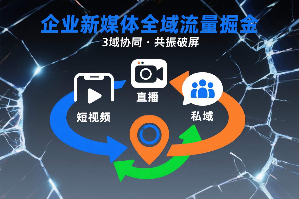 短视频全域商业模式，企业新媒体全域流量掘金，3域协同，共振破屏，短视频-直播-私域-地域-网亿资源平台