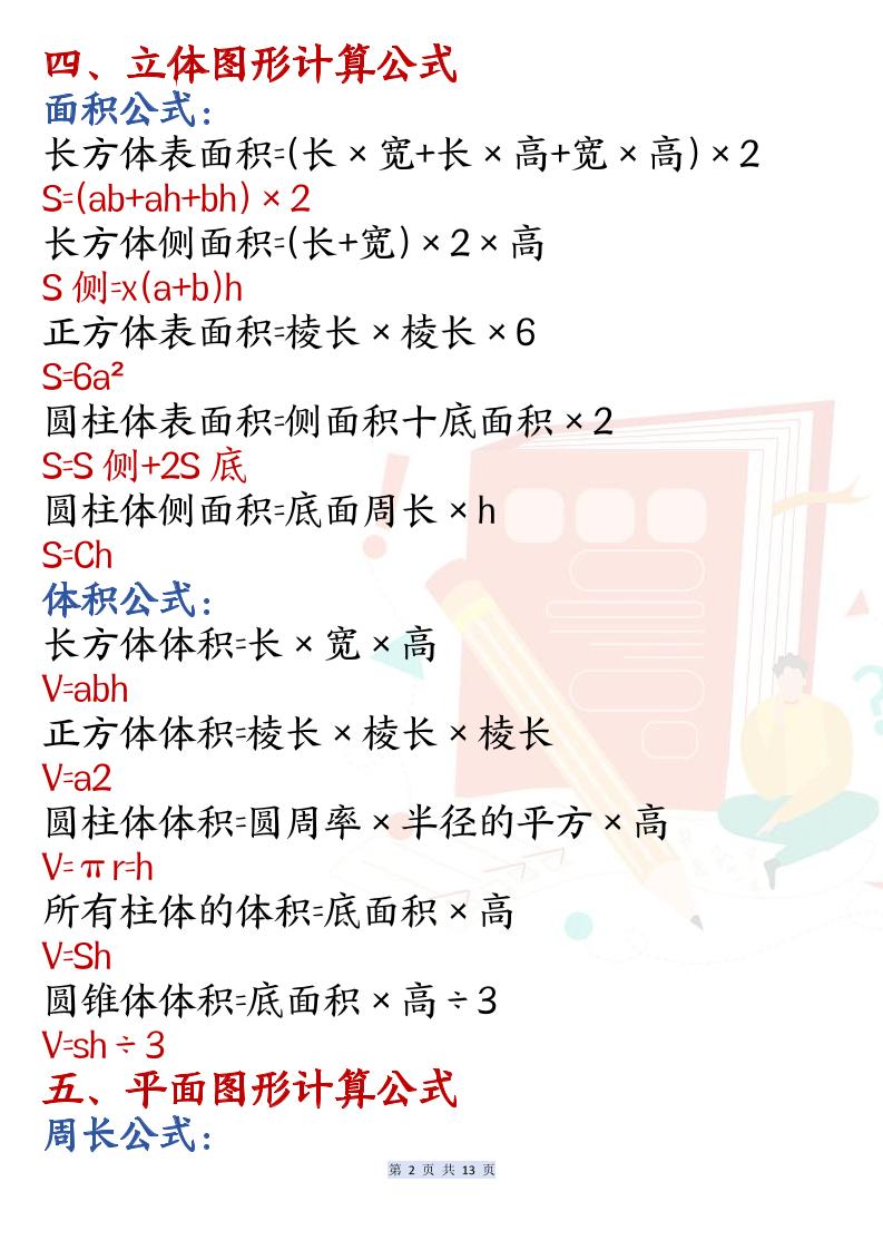 六上数学必背公式汇总(13页)