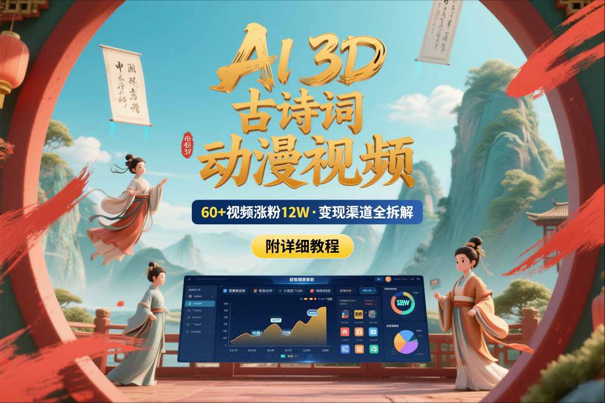 AI制作3D古诗词动漫视频，60多个视频涨粉12W，多个变现渠道拆解【附详细教程】-邪修侠 - 演示