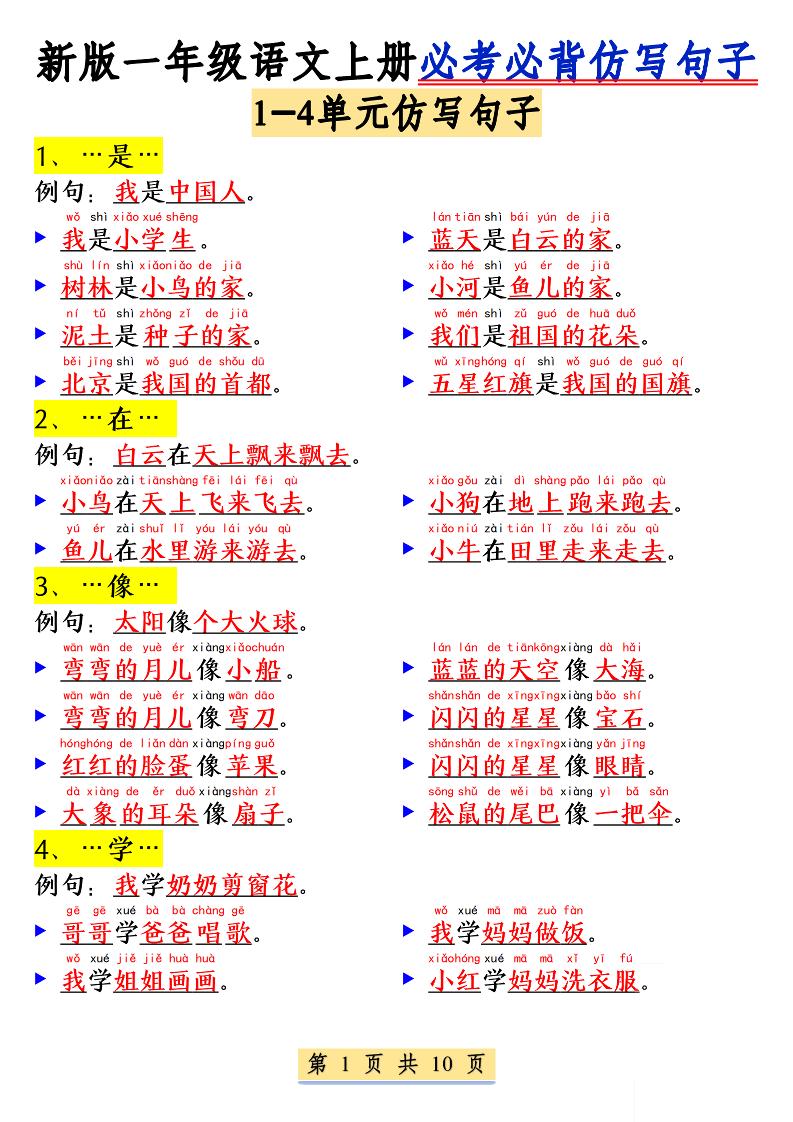 新一上语文必考必背仿写句子(含仿写练习10页)-网亿资源平台