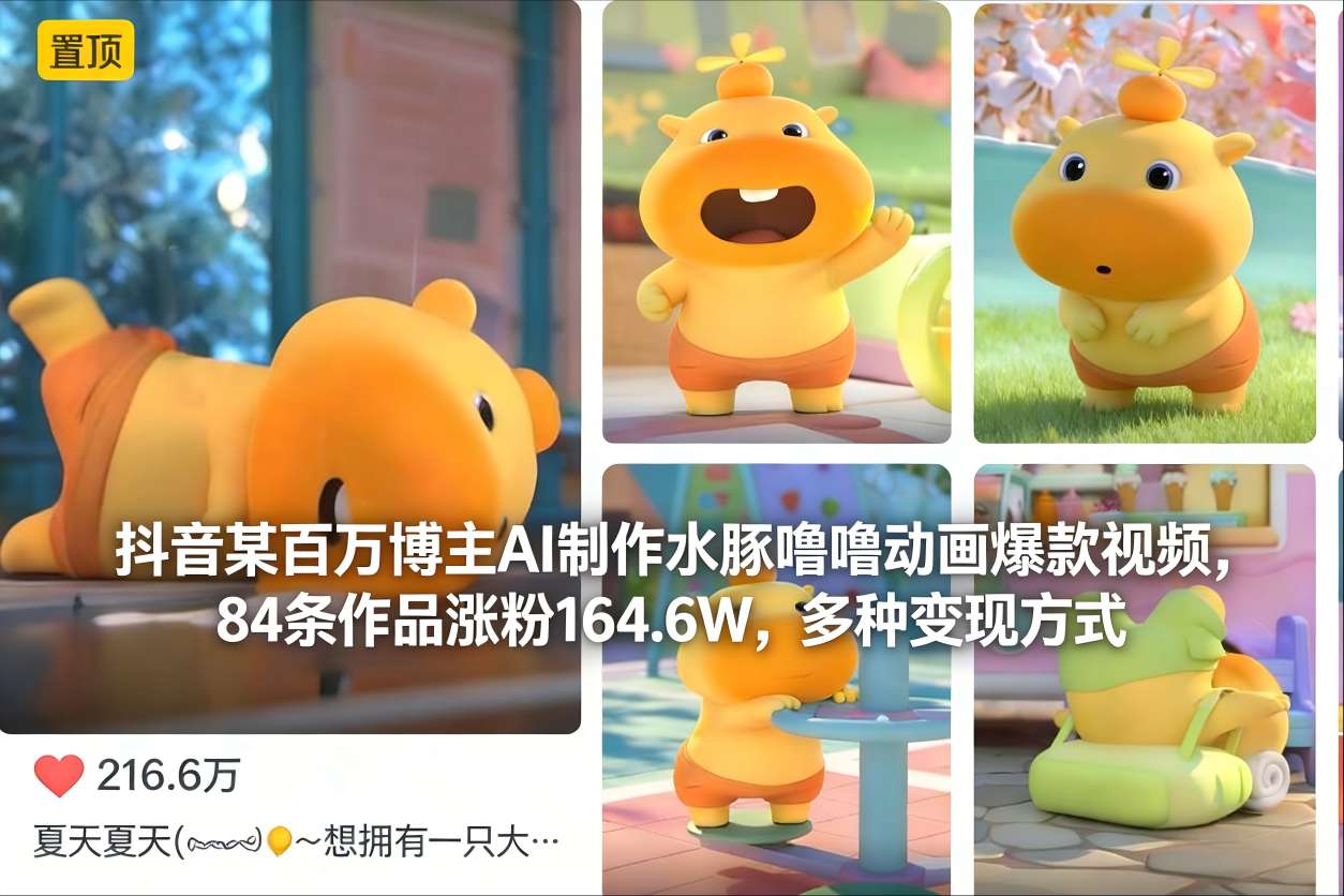 抖音某百万博主AI制作水豚噜噜动画爆款视频，84条作品涨粉164.6W，多种变现方式-邪修侠 - 演示