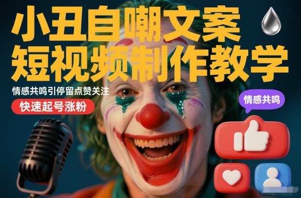 小丑自嘲文案短视频制作教学，情感共鸣引停留点赞关注，快速起号涨粉-网亿资源平台