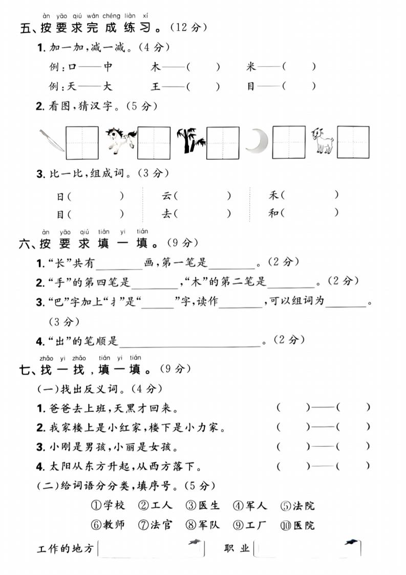 一年级上语文期末名校真题卷-给汉语拼音分类