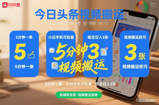 今日头条视频搬运，5分钟一条，小白手机可批量，稳定日入3张-网亿资源平台