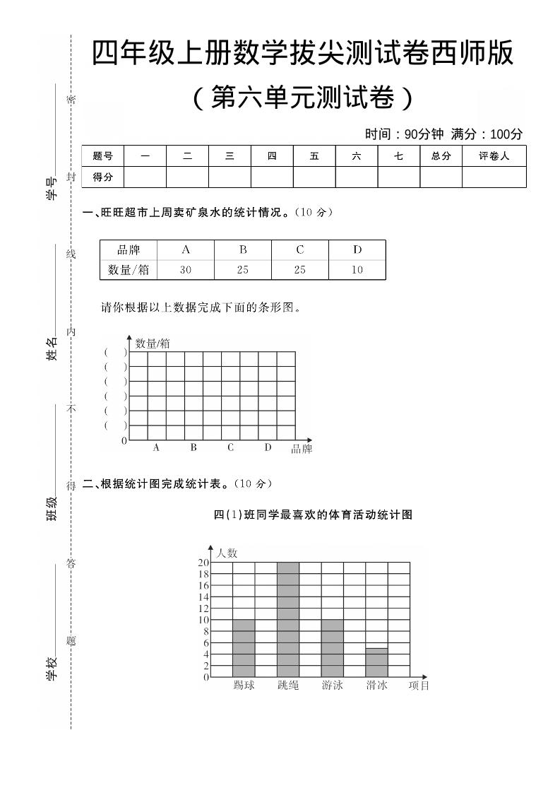 四年级上数学第六单元拔尖测试卷《西师版》-网亿资源平台