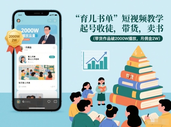 育儿书单短视频教学，起号收徒，带货，卖书（带货作品破2000W播放，月佣金2W）-网亿资源平台