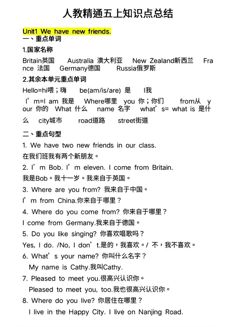 人教精通五上英语知识点总结-网亿资源平台