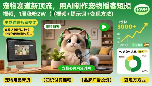 宠物赛道新顶流，用AI制作宠物播客短视频，1周涨粉2W（视频+提示词+变现方法）-网亿资源平台