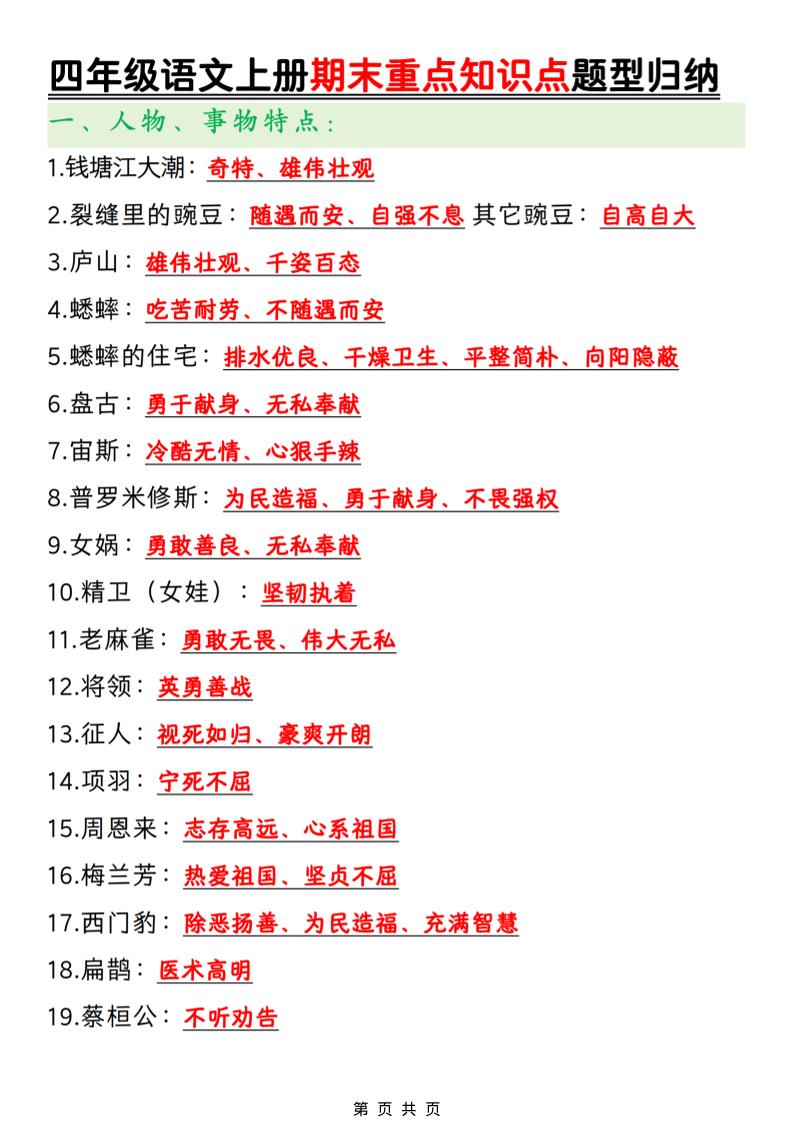 四年级上语文期末重点知识点题型归纳-网亿资源平台