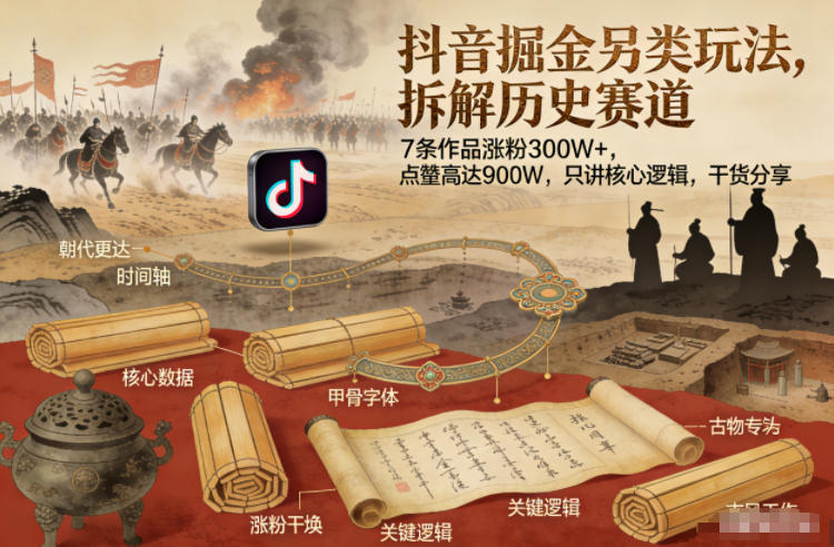 抖音掘金另类玩法，拆解历史赛道，7条作品涨粉300W+，点赞量高达900W，只讲核心逻辑，干货分享-邪修侠 - 演示