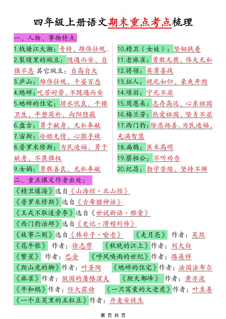四年级上语文期末重点考点梳理-网亿资源平台