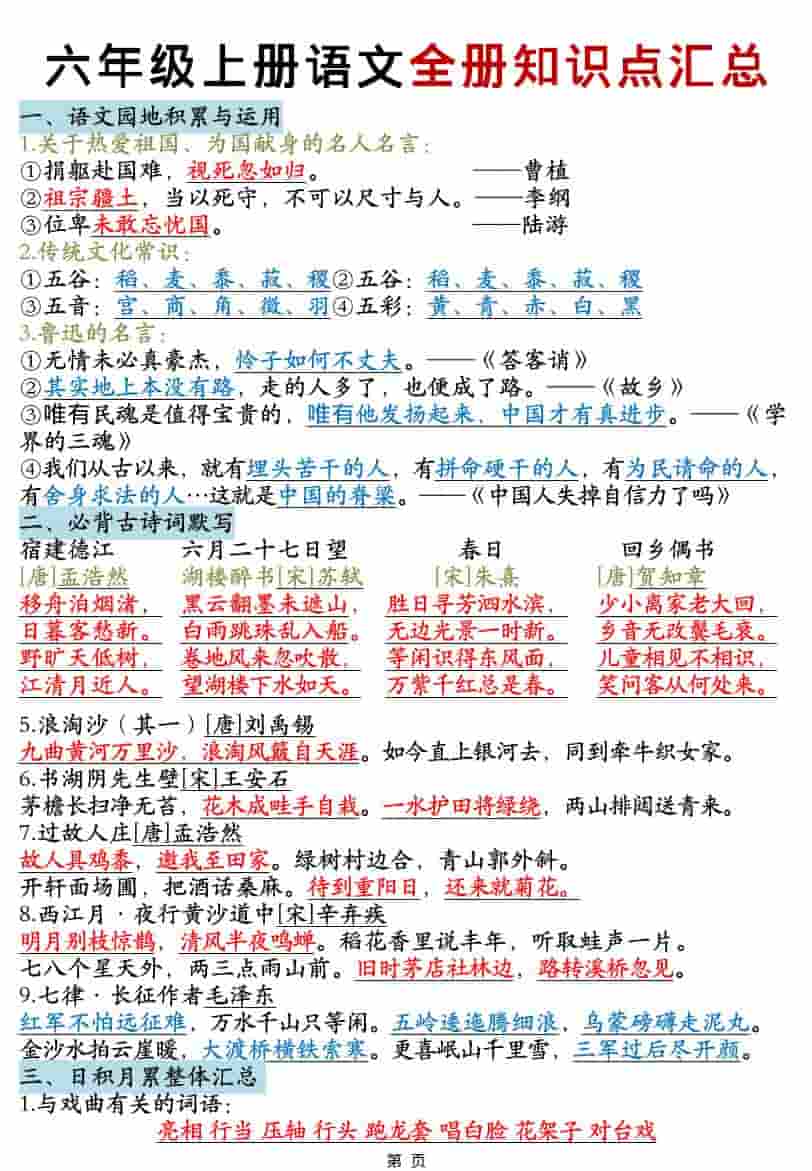 六年级上语文全册知识点汇总-网亿资源平台