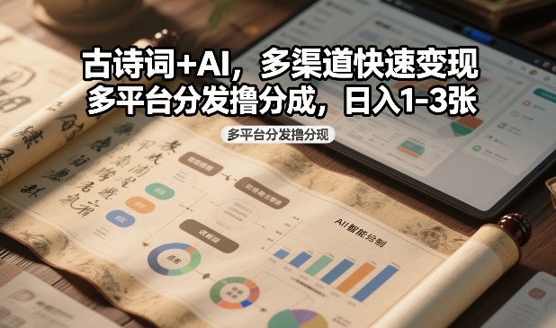 古诗词+AI，多渠道快速变现，多平台分发撸分成，日入1-3张-网亿资源平台